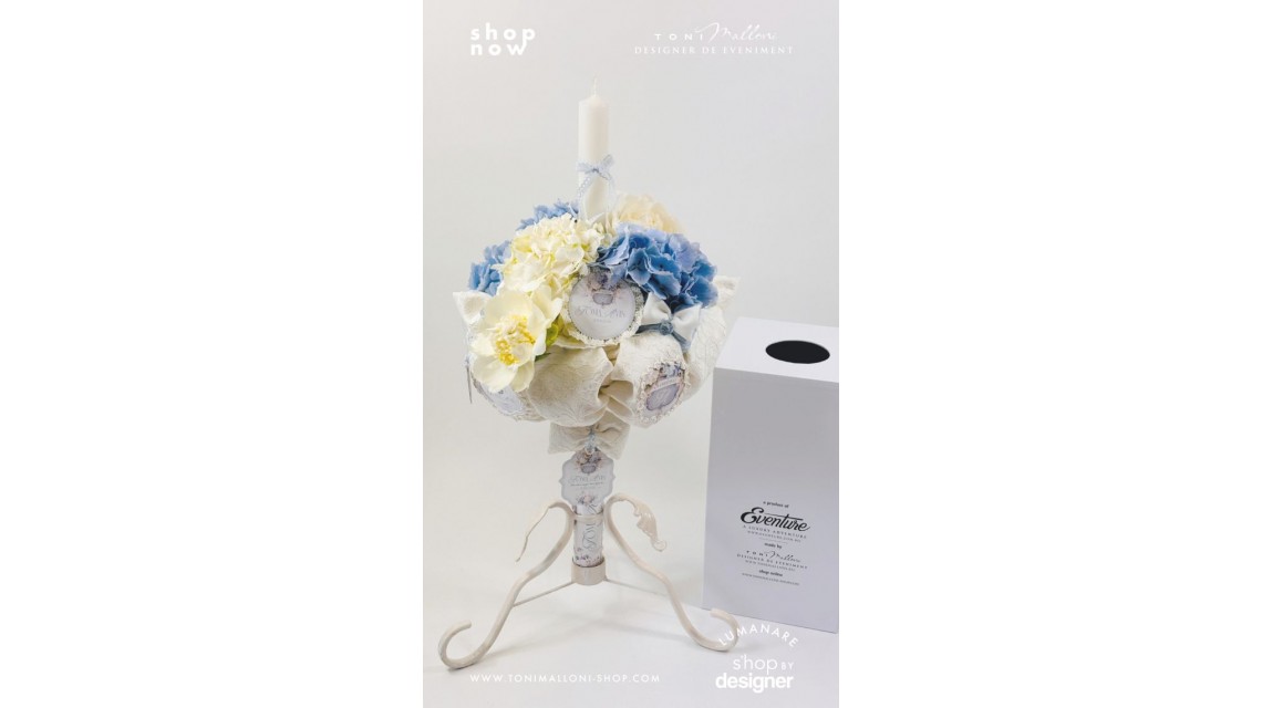 Lumânare de Botez Blue Hydrangea Hortensii Bleu Naturale și Bujori Albi 6